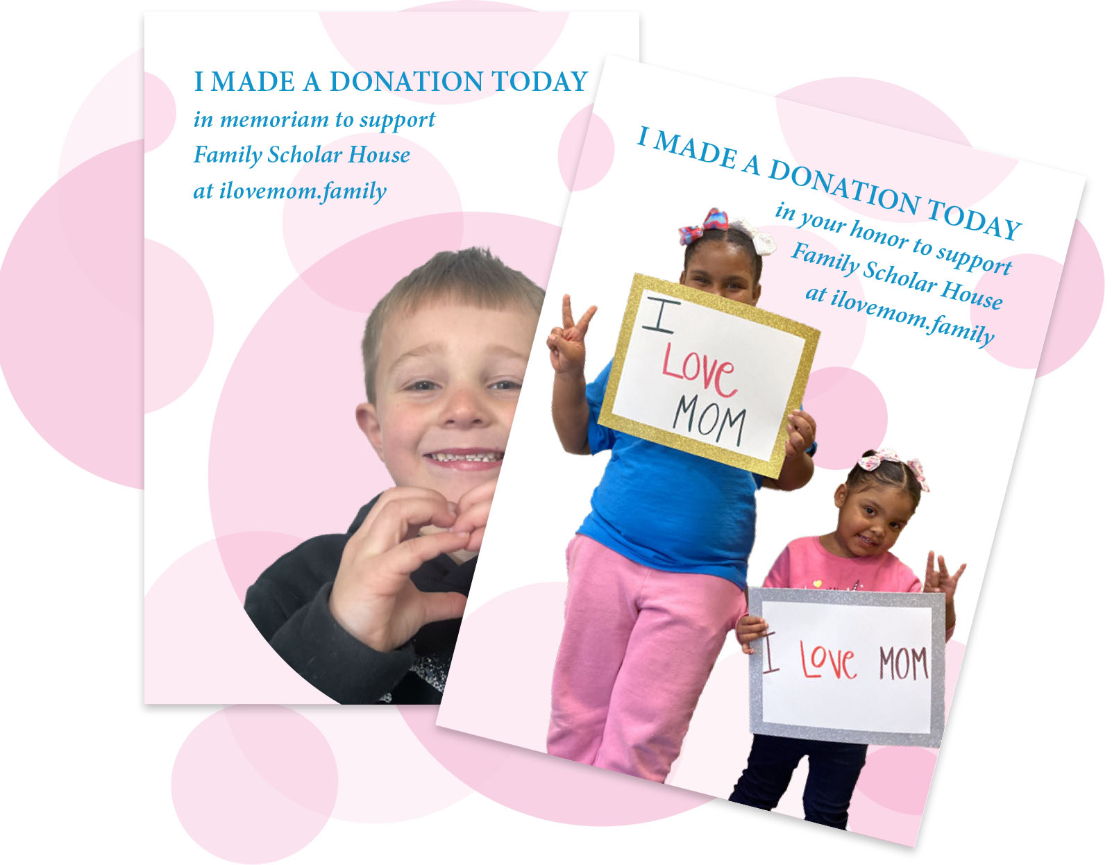 Mailable card previews that feature a grateful daughter expressing love for her mother on a card that reads 'I made a donation today'